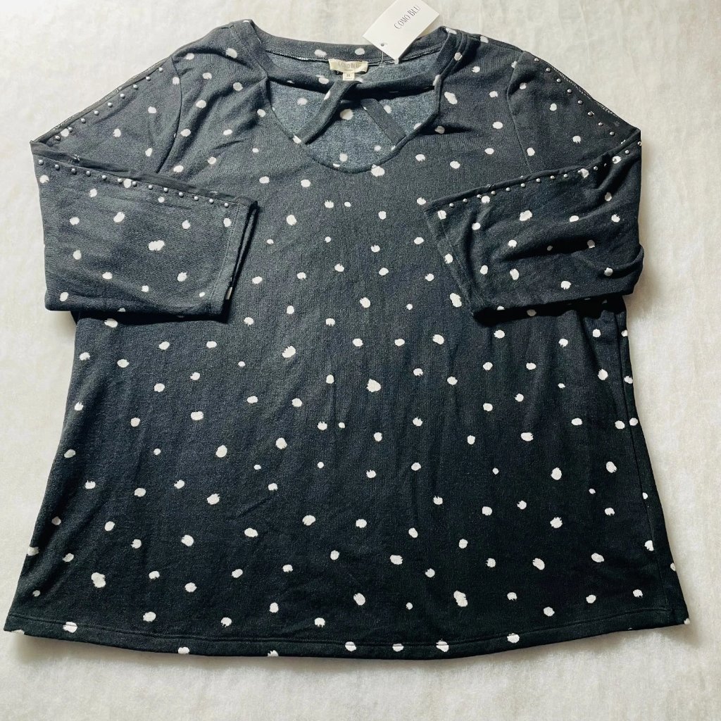 Nwt Como Blu Womens Black Mesh Studded Detailing Polka Dot Blouse Top Size 3x